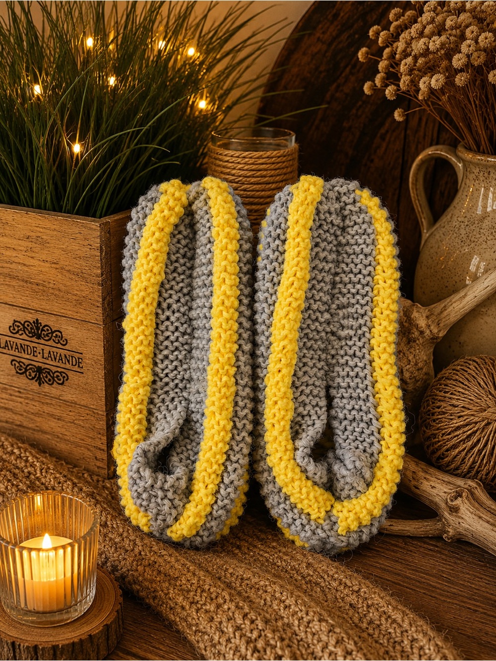 Cozy phentex Knit Women's Slippers – Gray with Yellow Trim